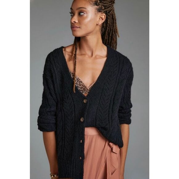 Anthropologie Classic Pointelle Cardigan size Small S Black Cable Knit Button Fr - Picture 1 of 11